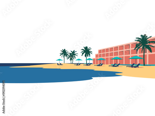 A serene beach scene with a large pink building and palm trees by the ocean shore.