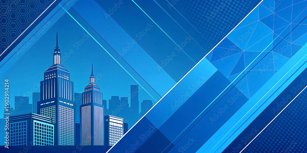 Fototapeta premium Abstract Blue Futuristic Cityscape Background with Geometric Tech Elements, Modern Skyscrapers, and Dynamic Digital Graphic Lines