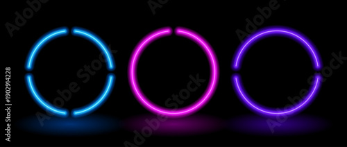 Blue, purple and pink neon circle frames. Glowing round led lamp border collection. Shiny illuminated fluorescent ring signs for banner, text box, poster template, poster. Vector illustration