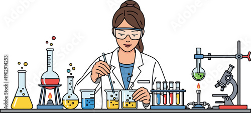 Female Chemist Conducting Experiment isolated on transparent background