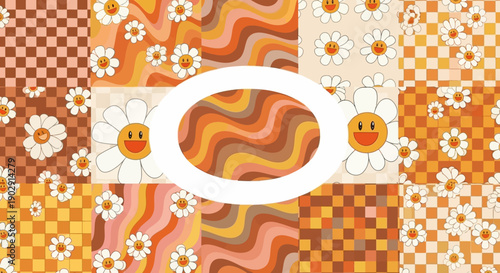 A vibrant collage of retro-inspired patterns featuring groovy wavy lines and cheerful daisy flowers in warm autumnal colors.