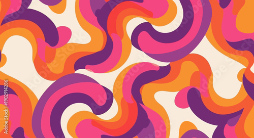A vibrant and psychedelic abstract pattern featuring swirling waves of purple, pink, and orange against a cream background.