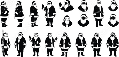 Santa Claus character silhouettes set, Christmas holiday illustration collection, black and white festive design, winter celebration vector icons
