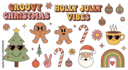Groovy Holly Jolly Christmas Vibes with Retro Elements like Gingerbread Men, Santa, and a Christmas Tree.