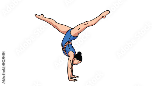 Powerful female gymnast in blue leotard performing a handstand split. Isolated vector illustration of athletic woman.