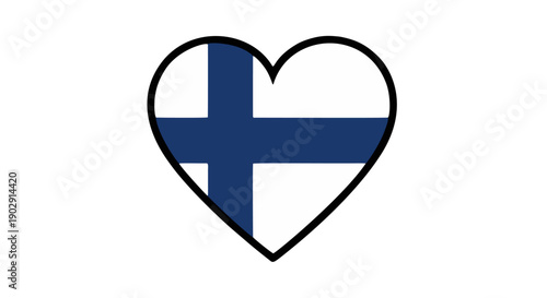 Simple black outlined heart graphic with centered Nordic cross Finnish flag design on white background illustrating national symbol