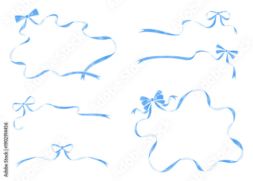 リボンのデコレーション素材のセット、フレーム、水彩風カラー