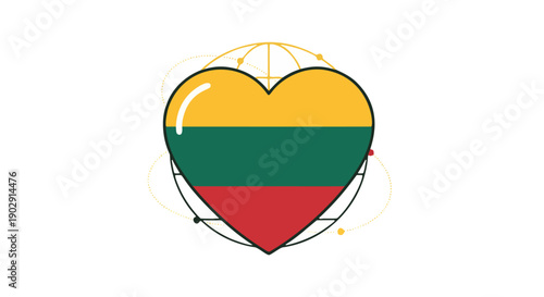 Digital Illustration of Lithuanian Heart Graphic with Flag Colors on White Background Featuring Yellow Circle and Curved Lines