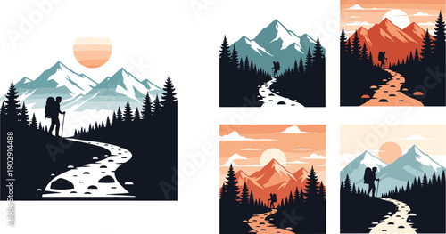 Hiker walking mountain trail, scenic nature landscape, pine forest sunrise, outdoor adventure, travel exploration, wilderness trekking, seasonal mountain journey