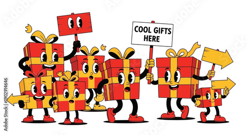 A group of cartoon gift boxes with faces and arms holding signs and arrows.