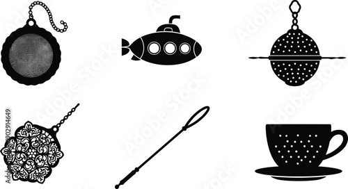 Six unique tea infuser silhouette vector illustration, elegant teacup and submarine design, black and white kitchen utensil artwork collection