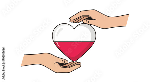 Two cartoon hands hold a Poland heart filled with red liquid, symbolizing love and care in a symbolic illustration