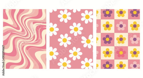 A collection of three retro-inspired digital art patterns featuring swirling pink and cream lines, a repeating daisy motif on a pink background, and a checkerboard pattern with colorful flowers.