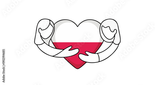 Minimalist Illustration of Two Hands Gently Cradling a Stylized Poland Heart with Bold Black Outlines and Red Fill Against a White Background