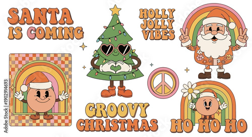 Retro Christmas illustrations featuring Santa, a groovy Christmas tree, and festive phrases like 'Santa is Coming' and 'Ho Ho Ho'.