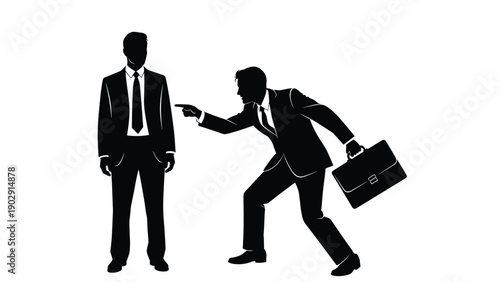 Business silhouette of an angry boss pointing finger at employee with briefcase, corporate conflict, workplace argument, and professional dismissal concept isolated on white background.