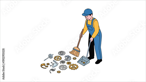 Maintenance worker sweeping gears and machine parts into a dustpan. Industrial cleaning and tidying illustration.