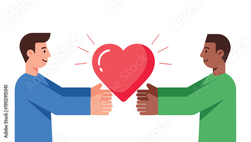Diverse people sharing a glowing red heart, symbolizing love, connection, and empathy.