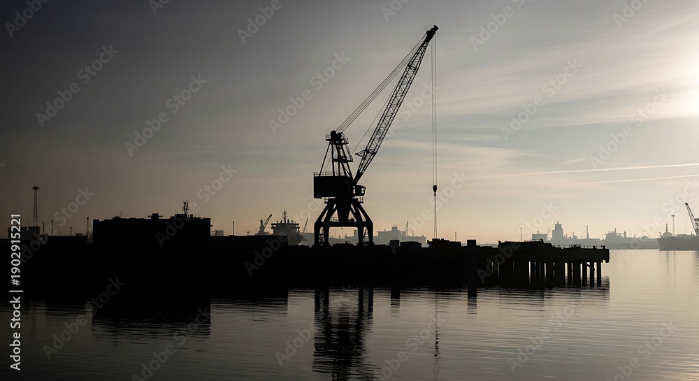 Obraz premium Crane on dock at dusk industrial harbor scene.