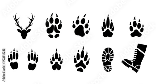 Collection of animal paw prints and boot prints silhouette.