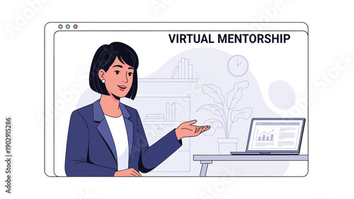 Virtual Mentorship Session: Professional Woman Coaching Online via Video Call Interface