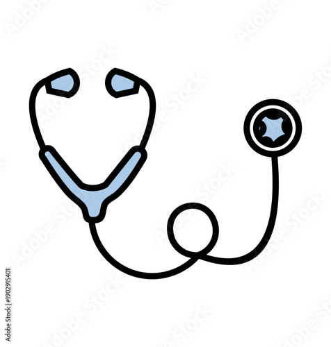 Illustration of a stethoscope with light blue earpieces and tubing, and a black chest piece, commonly used for medical examinations and diagnostics.