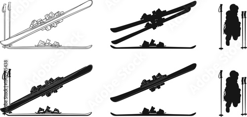 Ski equipment illustrations, ski poles, ski bindings, silhouette styles, shading techniques, gear comparison, winter sport, ski design, vertical layout, artistic renderings
