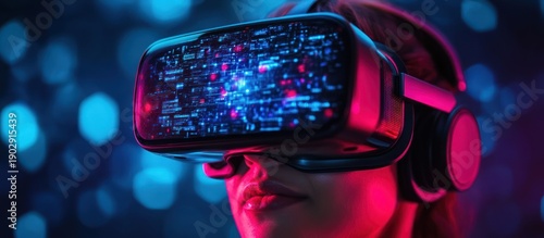 Woman using VR headset, neon lights, data visualization