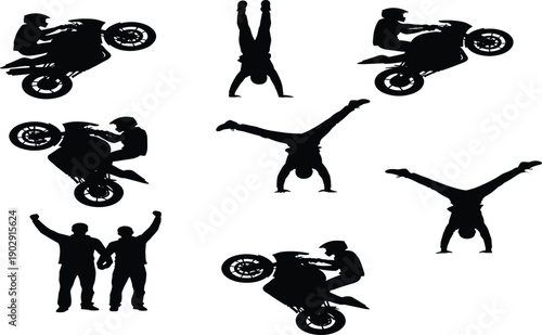 Black silhouette collection of extreme motorcycle stunts wheelie acrobatics handstand on bike daring riders performing flips and handstands adrenaline extreme sports vector illustration set