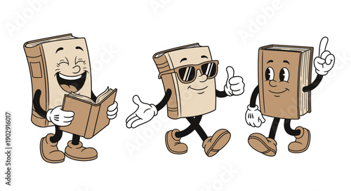 Three anthropomorphic books with arms and legs are depicted in a cartoon style, each expressing a different emotion and action.