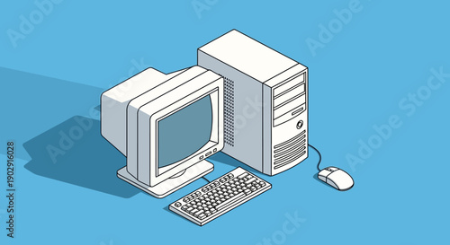 An isometric illustration of an old-fashioned desktop computer setup, including a CRT monitor, tower, keyboard, and mouse, set against a solid blue background.