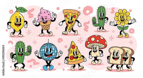A vibrant and whimsical collection of anthropomorphic food and plant characters in a retro cartoon style, dancing and posing against a pastel background.