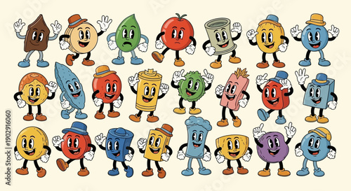 A vibrant collection of anthropomorphic food characters with expressive faces and arms, depicted in a retro cartoon style.