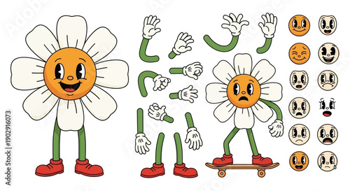 A collection of cartoon daisy characters with various body parts and facial expressions, including a happy daisy on legs and a sad daisy on a skateboard.