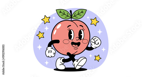 A vintage-style cartoon peach character with arms and legs, happily walking amidst a field of yellow stars on a light purple background.