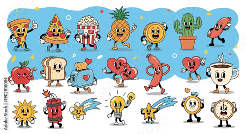A vibrant collection of anthropomorphic food and object characters in a retro cartoon style, set against a blue background with confetti.
