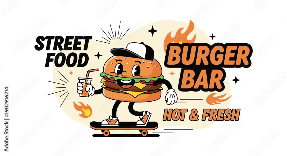 Obraz premium Retro cartoon burger character with a drink on a skateboard, promoting a street food burger bar with hot and fresh offerings.