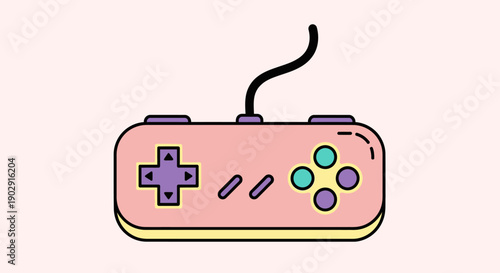 A retro-style video game controller with a pastel pink and purple color scheme, featuring a directional pad and buttons.