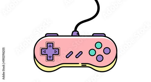 A pastel pink video game controller with purple and teal buttons and a black cord.
