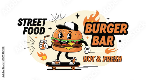 Retro cartoon burger character with a drink on a skateboard, promoting a street food burger bar with hot and fresh offerings.