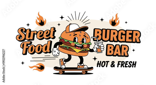 A cartoon burger character on a skateboard, promoting a street food burger bar with "Hot & Fresh" text and fiery accents.