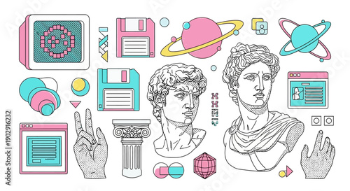 A vibrant collection of retro-futuristic digital art elements, featuring classical busts, floppy disks, and geometric shapes.