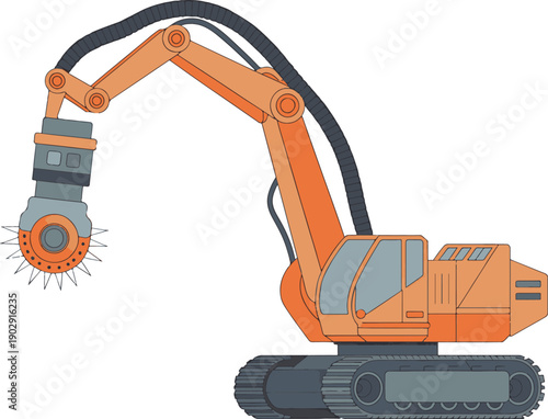 Heavy machinery excavator operating in industrial site with demolition attachment, viewed from the side