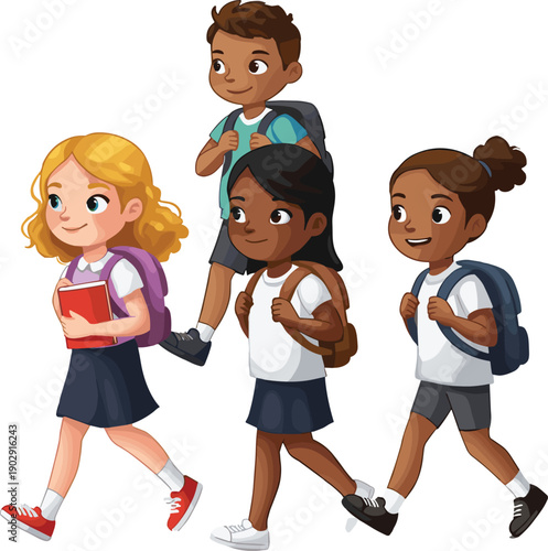 Happy school children walking together, cartoon kids with backpacks, education, friendship, school uniform, back to school, childhood, learning, fun