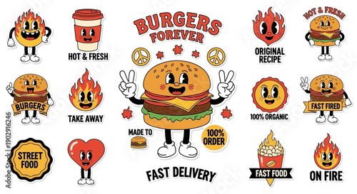 Retro cartoon-style illustrations of burgers, fries, and other fast food items with anthropomorphic characters and fiery elements, promoting fast delivery and organic ingredients.