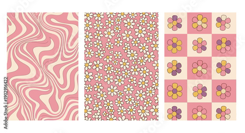 Retro groovy patterns with swirls, daisies, and checkerboard flowers in pink and cream colors.