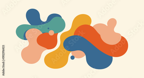 Abstract organic shapes in warm and cool colors creating a dynamic composition on a light background.