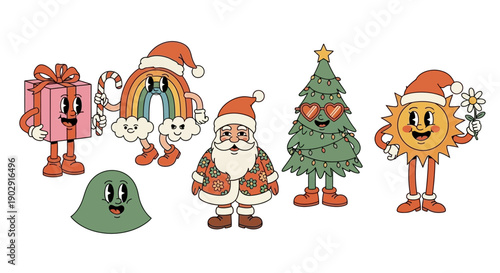 Collection of retro groovy cartoon characters including Santa, a Christmas tree, rainbow, sun, and gift box, all with faces and legs.