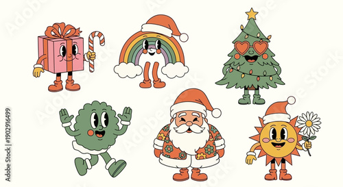 Retro groovy Christmas characters set with Santa, gift, tree, rainbow, sun, and green blob illustrations.