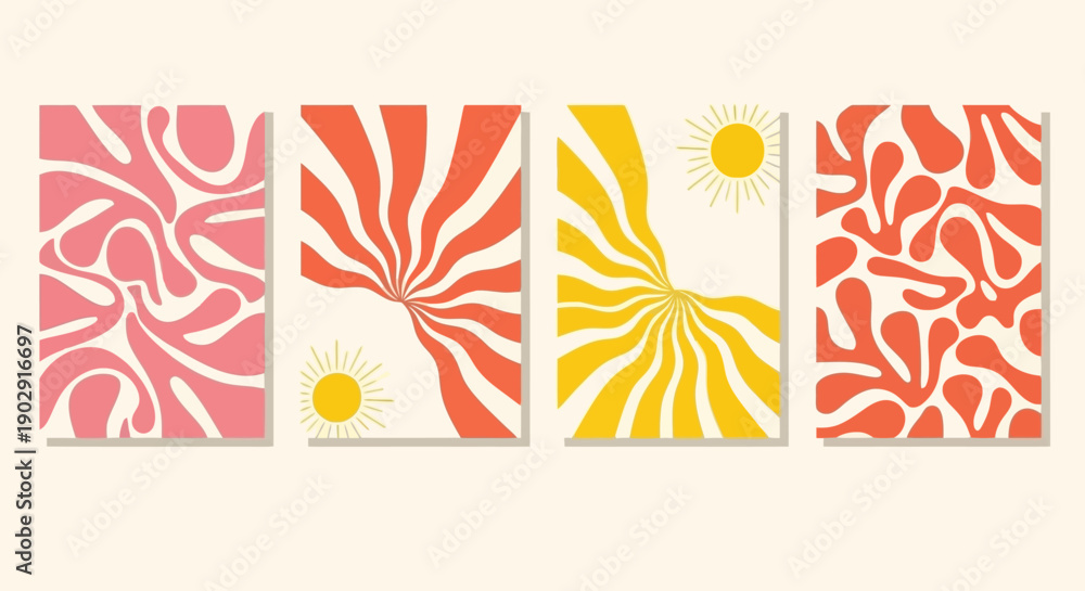 custom made wallpaper toronto digitalSet of four retro groovy abstract posters with swirling lines and organic blob shapes in pink, orange, and yellow, featuring sun motifs on a cream background.